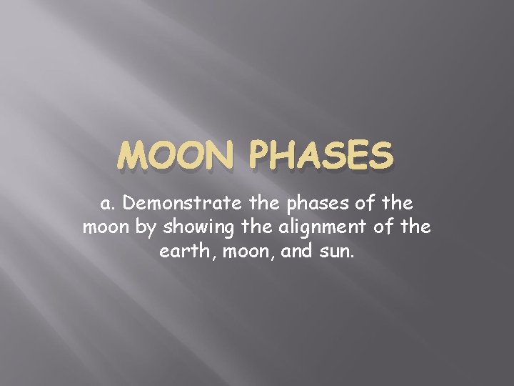 MOON PHASES a. Demonstrate the phases of the moon by showing the alignment of