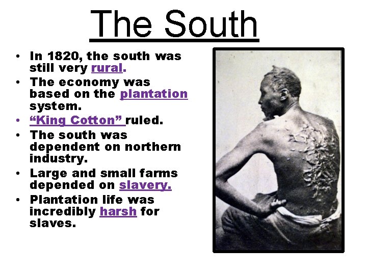The South • In 1820, the south was still very rural. • The economy