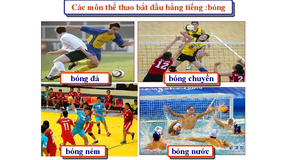 Các môn thể thao bắt đầu bằng tiếng : bóng đá bóng chuyền bóng