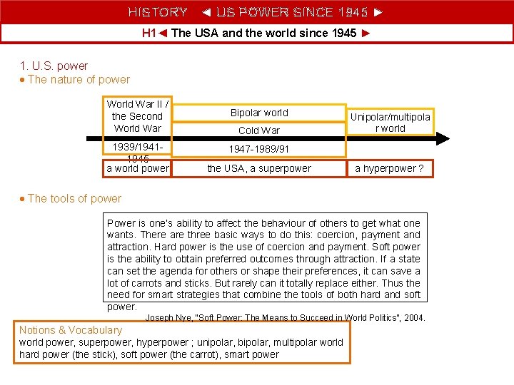 HISTORY ◄ US POWER SINCE 1945 ► H 1◄ The USA and the world