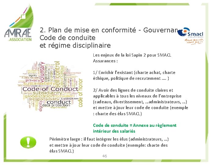 2. Plan de mise en conformité - Gouvernance : Code de conduite et régime