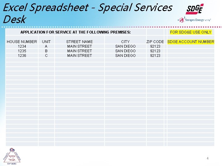 Excel Spreadsheet - Special Services Desk APPLICATION FOR SERVICE AT THE FOLLOWING PREMISES: FOR