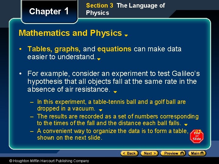 Chapter 1 Section 3 The Language of Physics Mathematics and Physics • Tables, graphs,