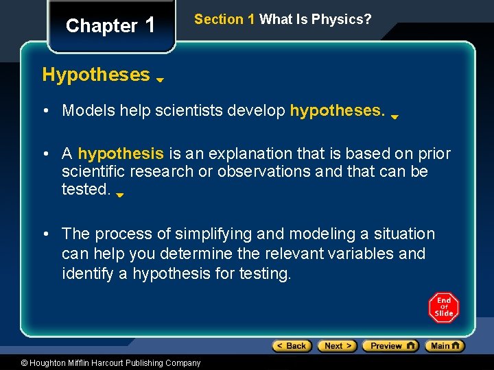 Chapter 1 Section 1 What Is Physics? Hypotheses • Models help scientists develop hypotheses.