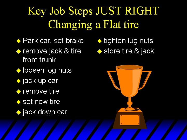 Key Job Steps JUST RIGHT Changing a Flat tire u Park car, set brake