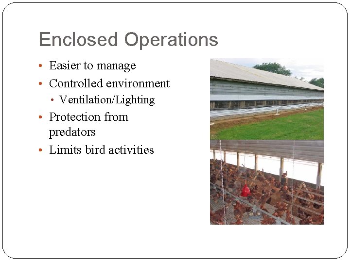 Enclosed Operations • Easier to manage • Controlled environment • Ventilation/Lighting • Protection from