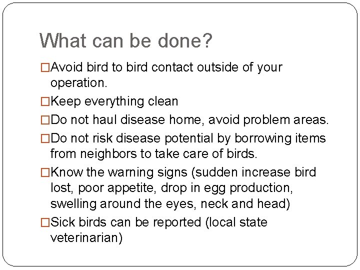 What can be done? �Avoid bird to bird contact outside of your operation. �Keep
