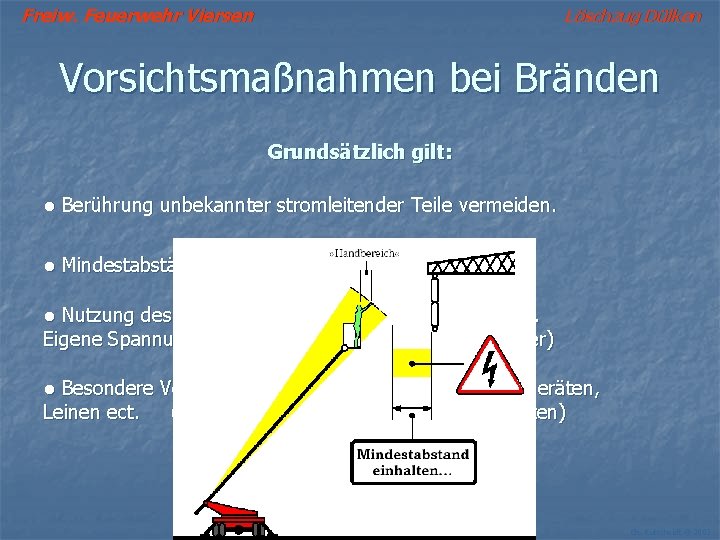 Freiw. Feuerwehr Viersen Löschzug Dülken Vorsichtsmaßnahmen bei Bränden Grundsätzlich gilt: ● Berührung unbekannter stromleitender