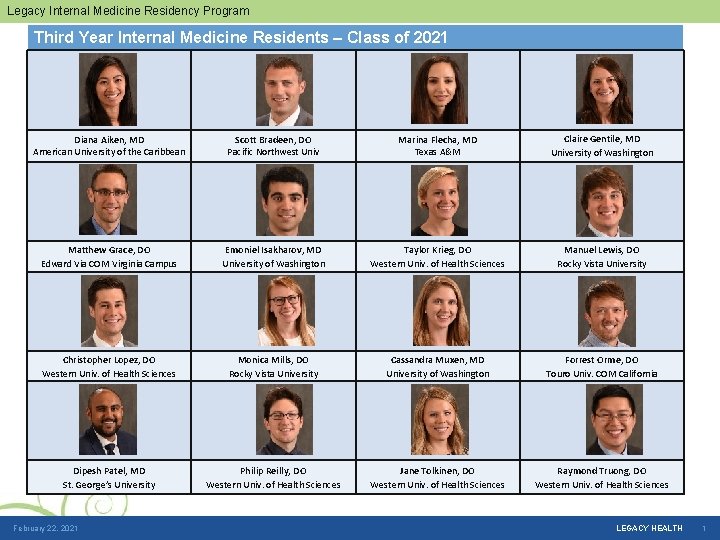 Legacy Internal Medicine Residency Program Third Year Internal Medicine Residents – Class of 2021