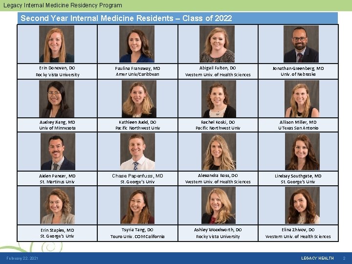 Legacy Internal Medicine Residency Program Second Year Internal Medicine Residents – Class of 2022