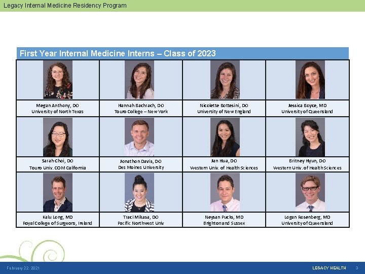 Legacy Internal Medicine Residency Program First Year Internal Medicine Interns – Class of 2023