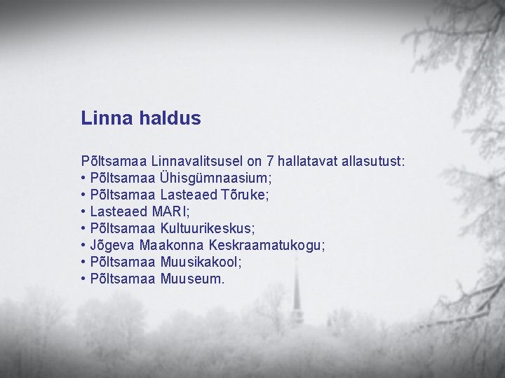 Linna haldus Põltsamaa Linnavalitsusel on 7 hallatavat allasutust: • Põltsamaa Ühisgümnaasium; • Põltsamaa Lasteaed