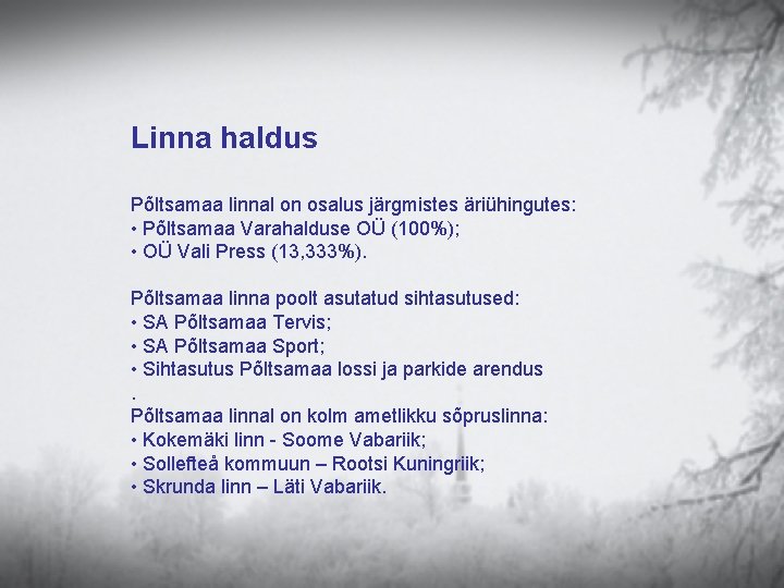 Linna haldus Põltsamaa linnal on osalus järgmistes äriühingutes: • Põltsamaa Varahalduse OÜ (100%); •