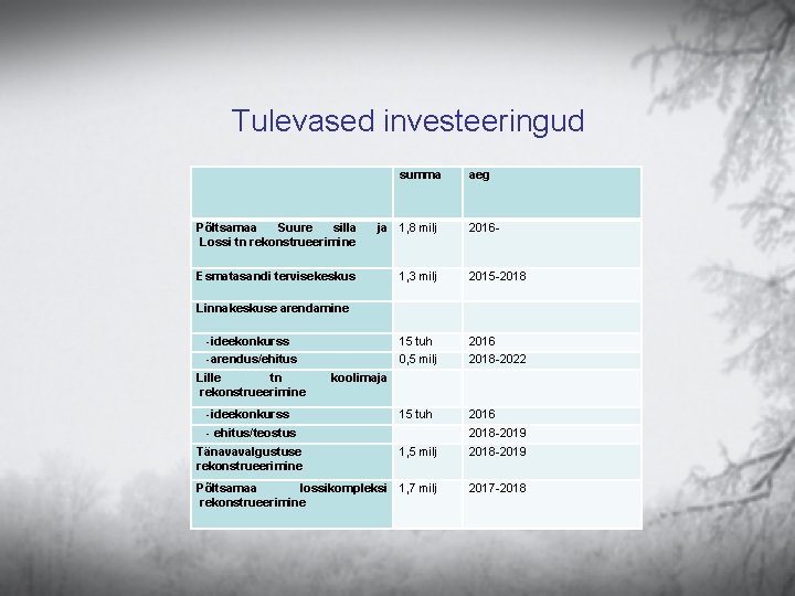 Tulevased investeeringud summa Põltsamaa Suure silla Lossi tn rekonstrueerimine ja 1, 8 milj aeg