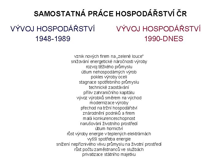 SAMOSTATNÁ PRÁCE HOSPODÁŘSTVÍ ČR VÝVOJ HOSPODÁŘSTVÍ 1948 -1989 VÝVOJ HOSPODÁŘSTVÍ 1990 -DNES vznik nových