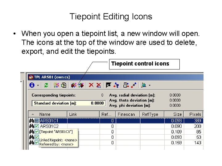 Tiepoint Editing Icons • When you open a tiepoint list, a new window will