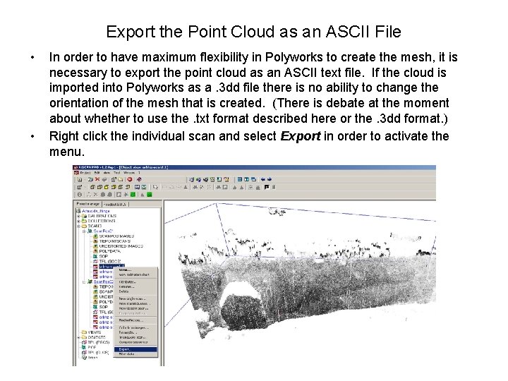 Export the Point Cloud as an ASCII File • • In order to have