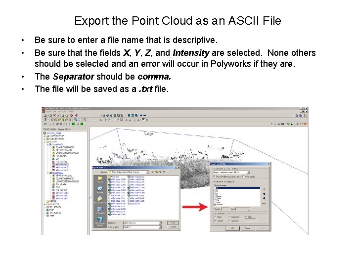 Export the Point Cloud as an ASCII File • • Be sure to enter