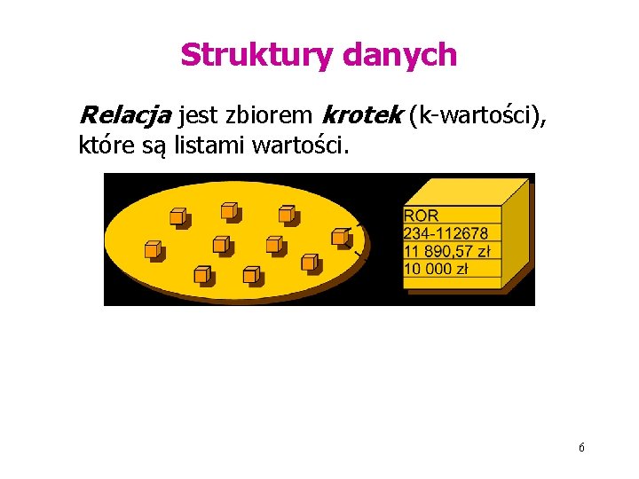 Struktury danych Relacja jest zbiorem krotek (k-wartości), które są listami wartości. 6 