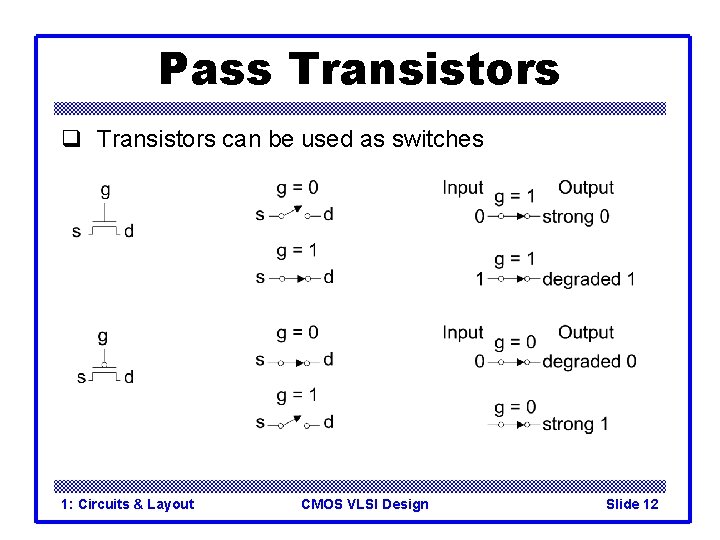Pass Transistors q Transistors can be used as switches 1: Circuits & Layout CMOS