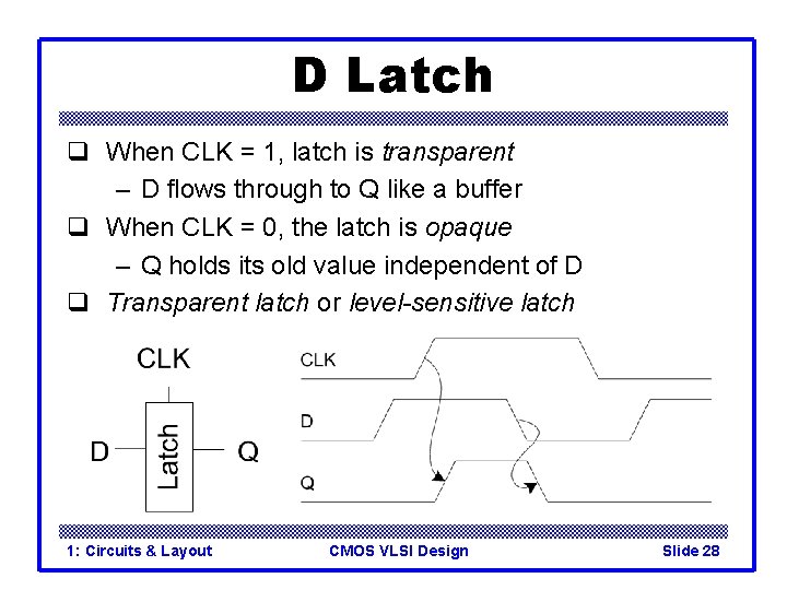 D Latch q When CLK = 1, latch is transparent – D flows through