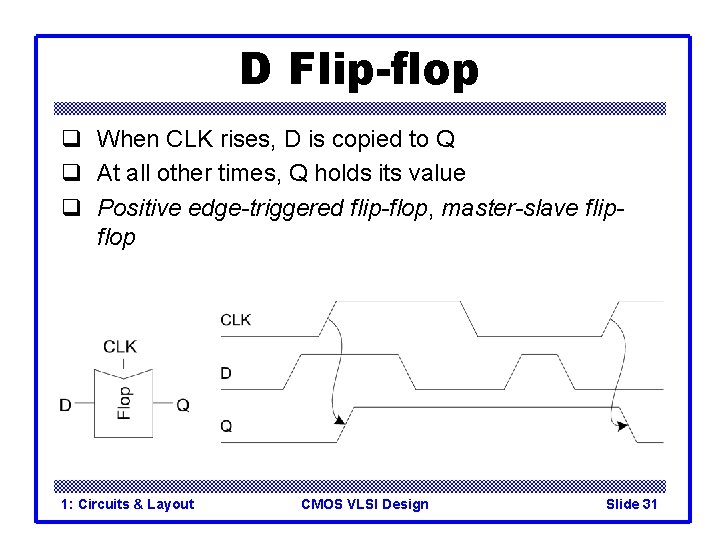 D Flip-flop q When CLK rises, D is copied to Q q At all