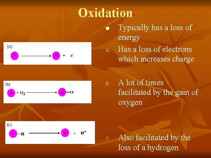 Oxidation n A. B. C. Typically has a loss of energy Has a loss