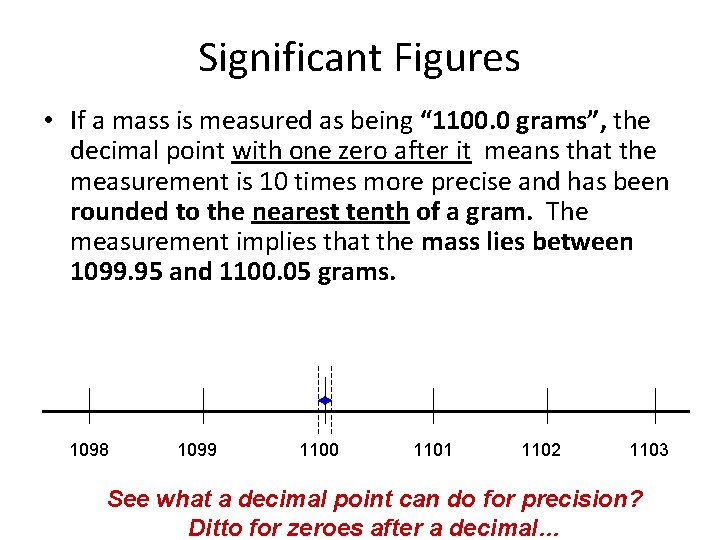 Significant Figures • If a mass is measured as being “ 1100. 0 grams”,