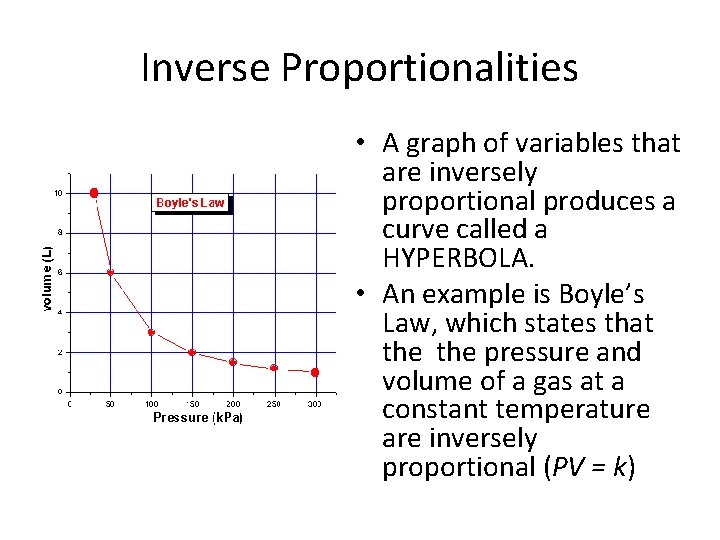 Inverse Proportionalities • A graph of variables that are inversely proportional produces a curve