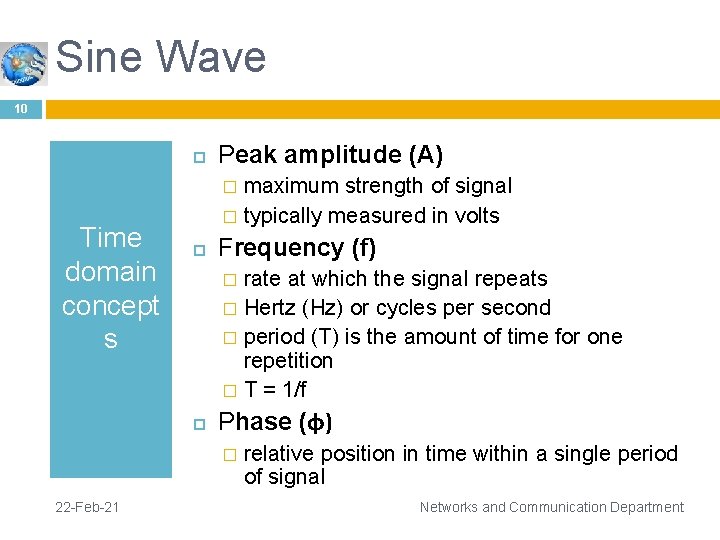 Sine Wave 10 Peak amplitude (A) maximum strength of signal � typically measured in