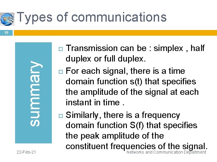 Types of communications 19 summary 22 -Feb-21 Transmission can be : simplex , half