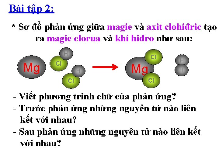 Bài tập 2: * Sơ đồ phản ứng giữa magie và axit clohiđric tạo