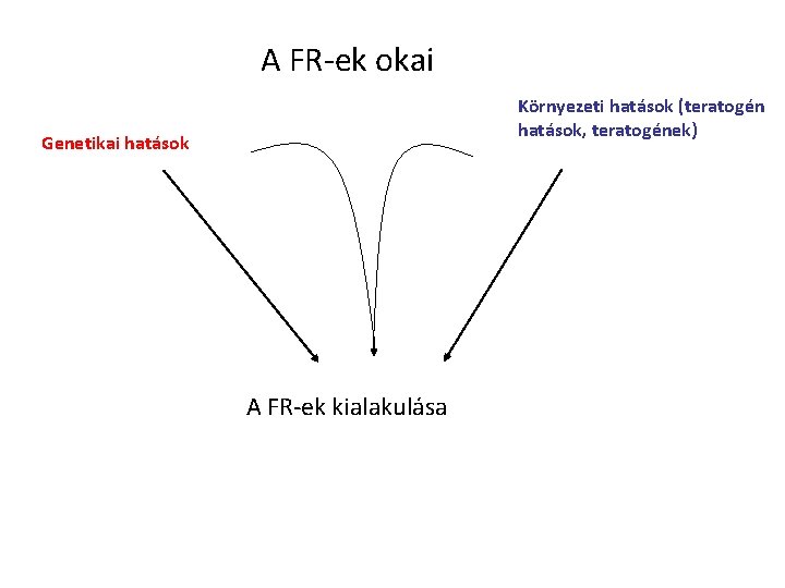 A FR-ek okai Környezeti hatások (teratogén hatások, teratogének) Genetikai hatások A FR-ek kialakulása A FR-ek okai Környezeti hatások (teratogén hatások, teratogének) Genetikai hatások A FR-ek kialakulása