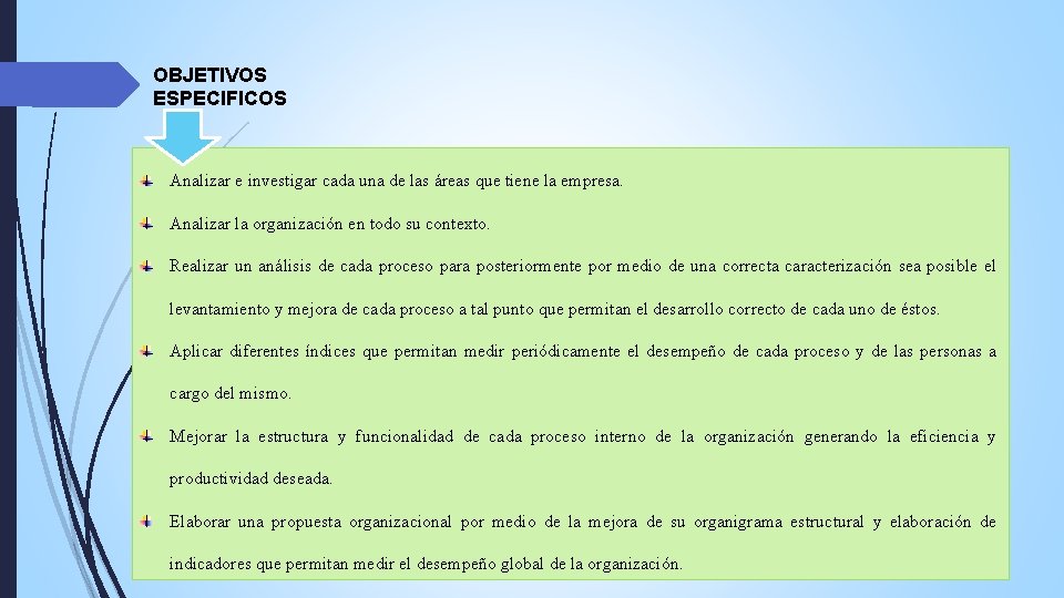 OBJETIVOS ESPECIFICOS Analizar e investigar cada una de las áreas que tiene la empresa. OBJETIVOS ESPECIFICOS Analizar e investigar cada una de las áreas que tiene la empresa.