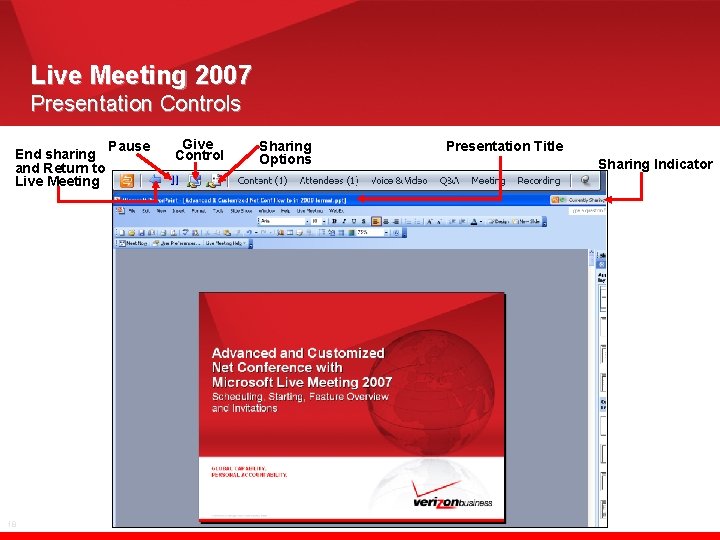 Live Meeting 2007 Presentation Controls End sharing and Return to Live Meeting 18 Pause