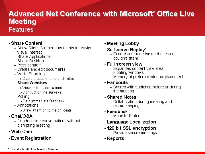 Advanced Net Conference with Microsoft Office Live Meeting ® Features • Share Content –
