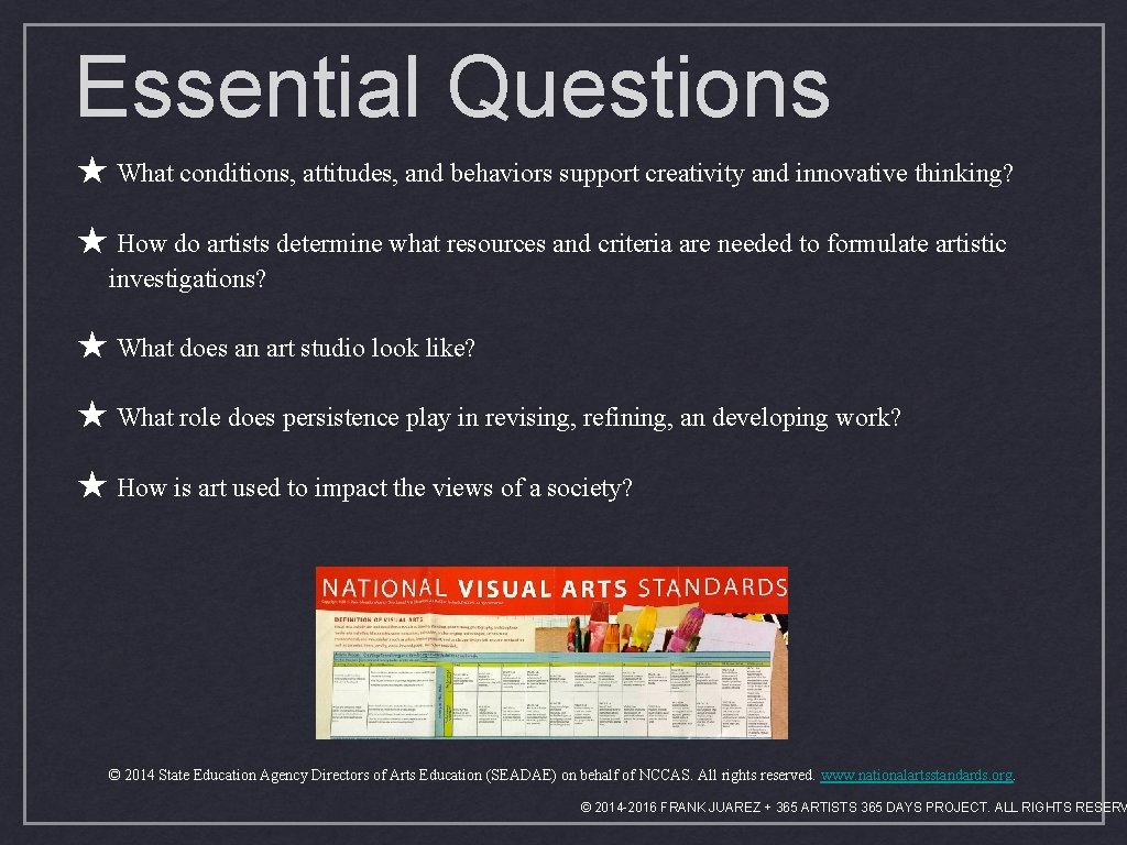 Essential Questions ★ What conditions, attitudes, and behaviors support creativity and innovative thinking? ★