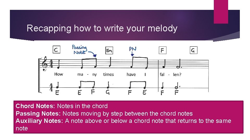 Recapping how to write your melody Chord Notes: Notes in the chord Passing Notes: