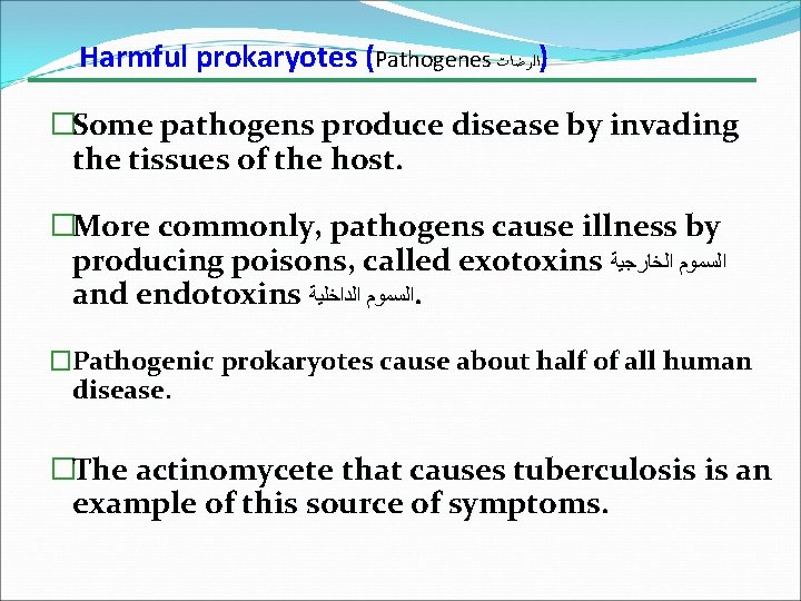 Harmful prokaryotes (Pathogenes )ﺍﻟﺭﺿﺎﺕ �Some pathogens produce disease by invading the tissues of the