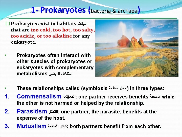 1 - Prokaryotes (bacteria & archaea) � Prokarytes exist in habitats ﺍﻟﺒﻴﺌﺎﺕ that are