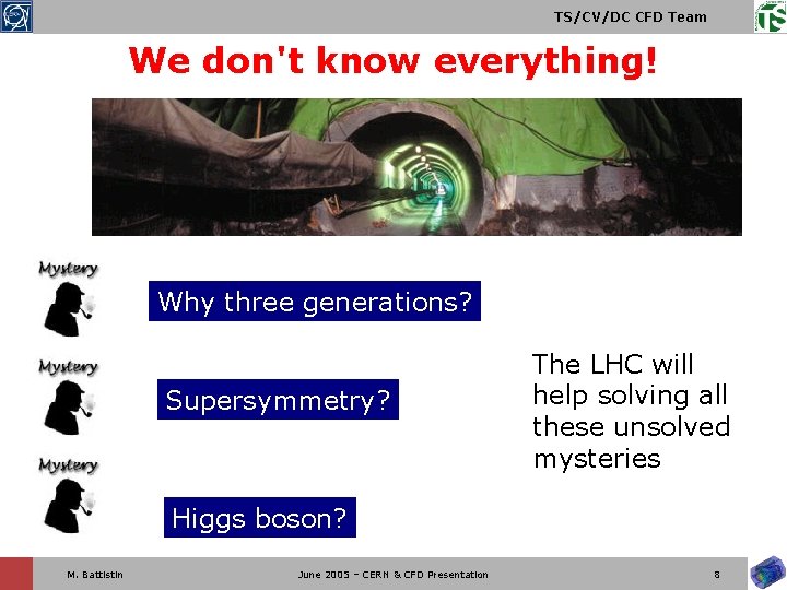 TS/CV/DC CFD Team We don't know everything! Why three generations? Supersymmetry? The LHC will