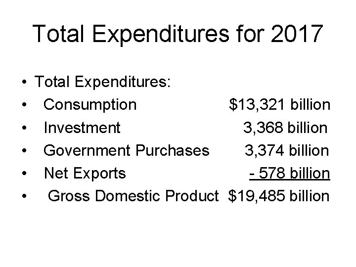 Total Expenditures for 2017 • Total Expenditures: • Consumption $13, 321 billion • Investment