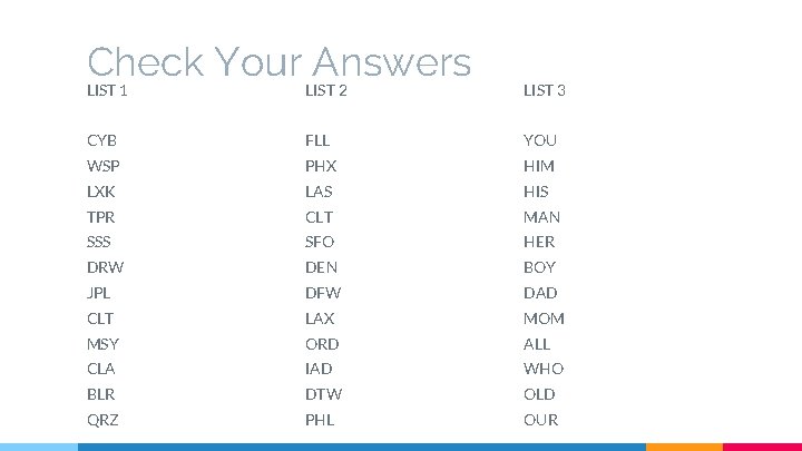 Check Your Answers LIST 1 LIST 2 LIST 3 CYB FLL YOU WSP PHX