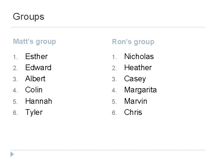 Groups Matt’s group 1. 2. 3. 4. 5. 6. Esther Edward Albert Colin Hannah