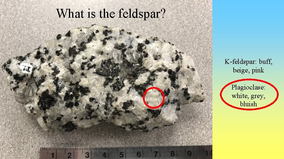 What is the feldspar? K-feldspar: buff, beige, pink Plagioclase: white, grey, bluish 