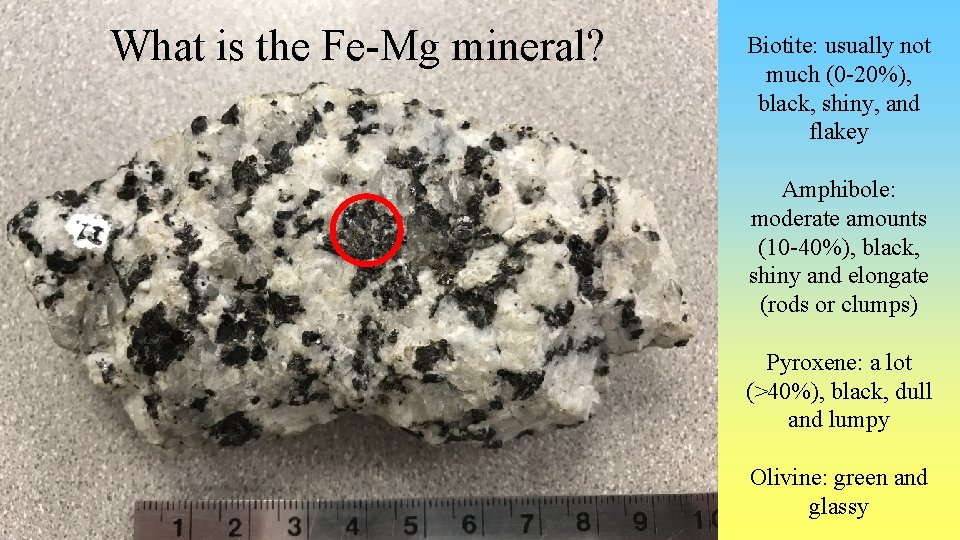 What is the Fe-Mg mineral? Biotite: usually not much (0 -20%), black, shiny, and