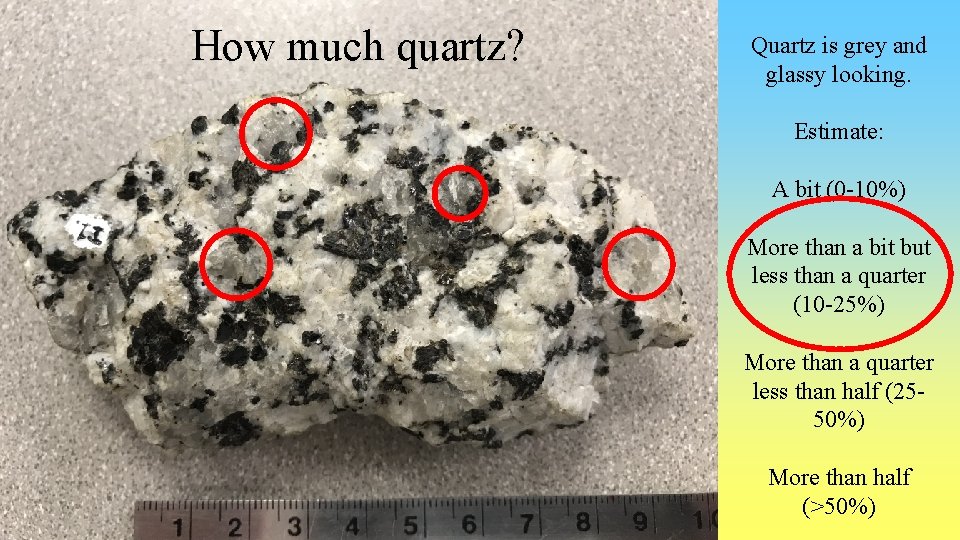 How much quartz? Quartz is grey and glassy looking. Estimate: A bit (0 -10%)