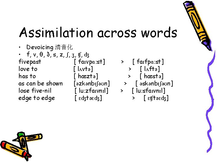 Assimilation across words • Devoicing 清音化 • f, v, θ, ð, s, z, ʃ,