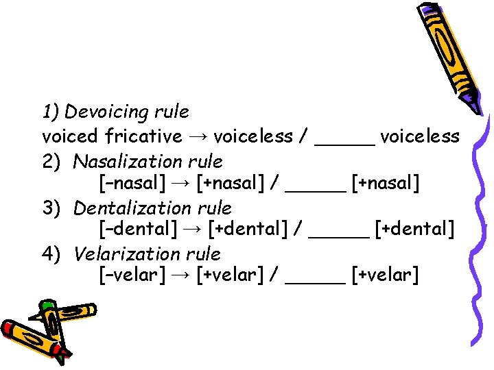 1) Devoicing rule voiced fricative → voiceless / _____ voiceless 2) Nasalization rule [–nasal]