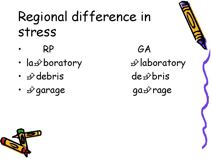 Regional difference in stress • RP • la boratory • debris • garage GA